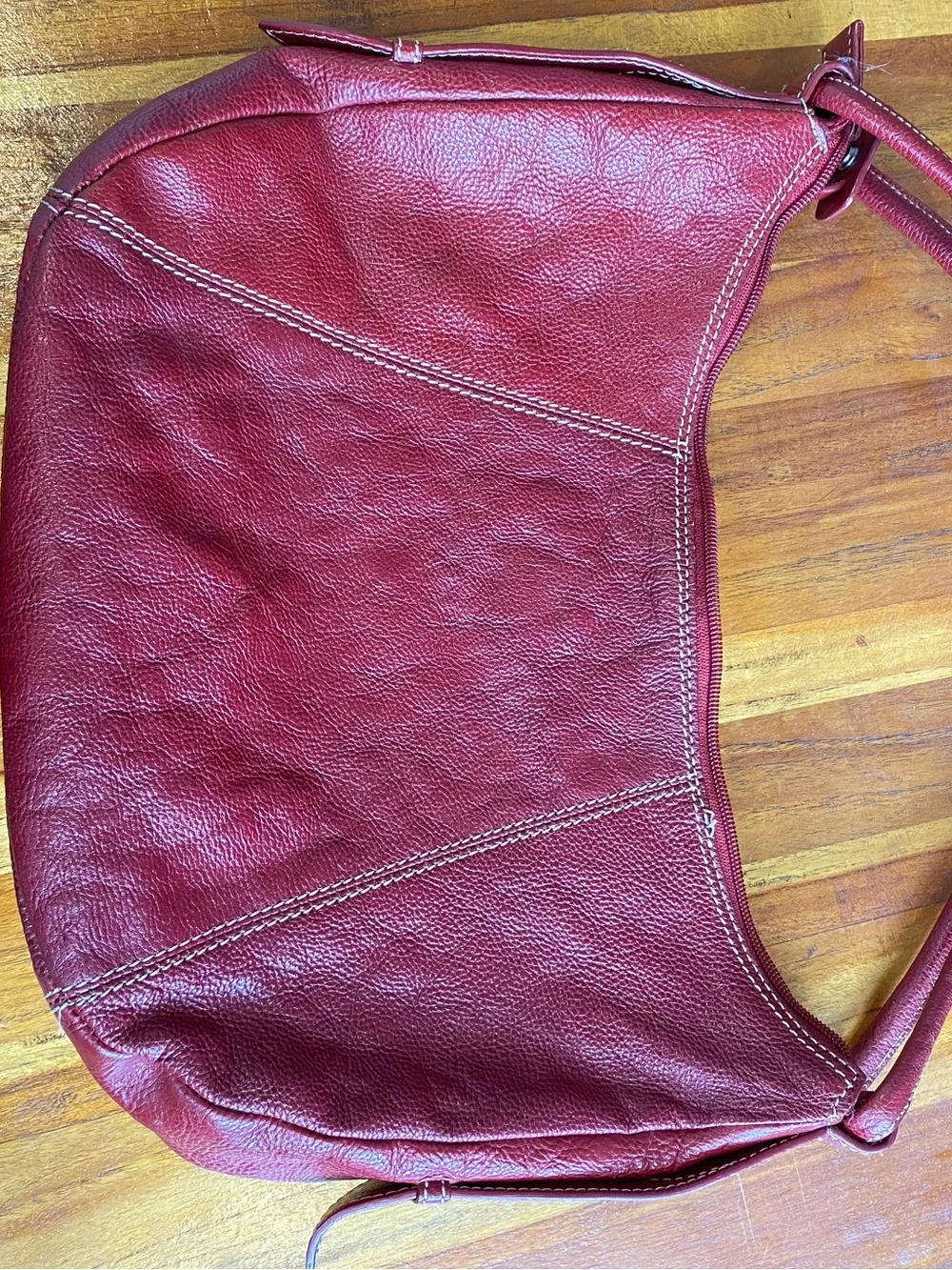 Kenneth Cole New York Red Pebbled Leather Hobo Bag medium with Stitch Detail